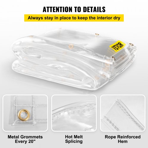 VEVOR Clear Vinyl Tarp, 8 x 20 ft 20 Mil Thick, Heavy-Duty Waterproof Patio Enclosure, Tear and Weather Proof Transparent PVC Tarpaulin, with Brass Grommets and Reinforced Edges for Outdoor Cover