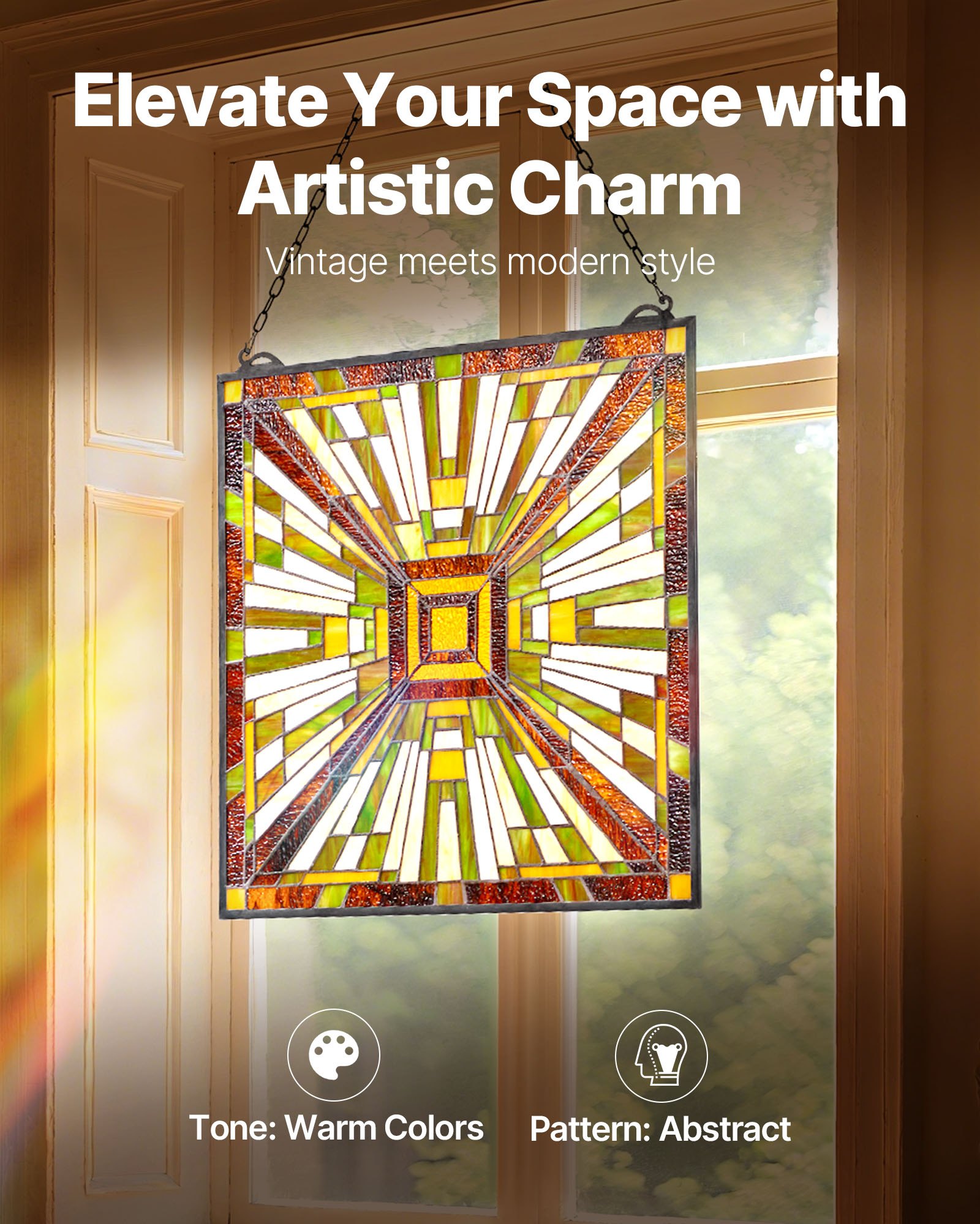 VEVOR Stained Glass Window Panel, 20 x 21 in, Tiffany Style Hanging Transom Window Panel with Chain, Large Vertical Rectangle Stain Glass, Vintage Traditional Art Handcrafts for Kitchen Home Decor