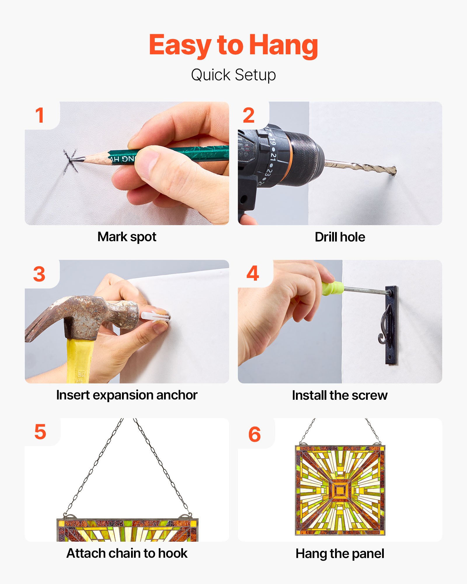 VEVOR Stained Glass Window Panel, 20 x 21 in, Tiffany Style Hanging Transom Window Panel with Chain, Large Vertical Rectangle Stain Glass, Vintage Traditional Art Handcrafts for Kitchen Home Decor