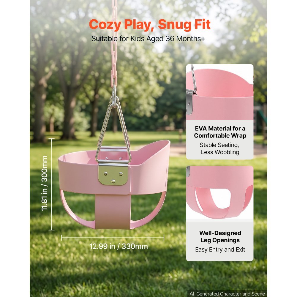 VEVOR Toddler Swing 136 kg Load High Back Full Bucket Baby Swing Seat Pink, for Outdoor & Indoor Backyard Playground, Heavy-Duty Coated Chains and Carabiners, Fully Assembled Seat for Toddlers Age 3+