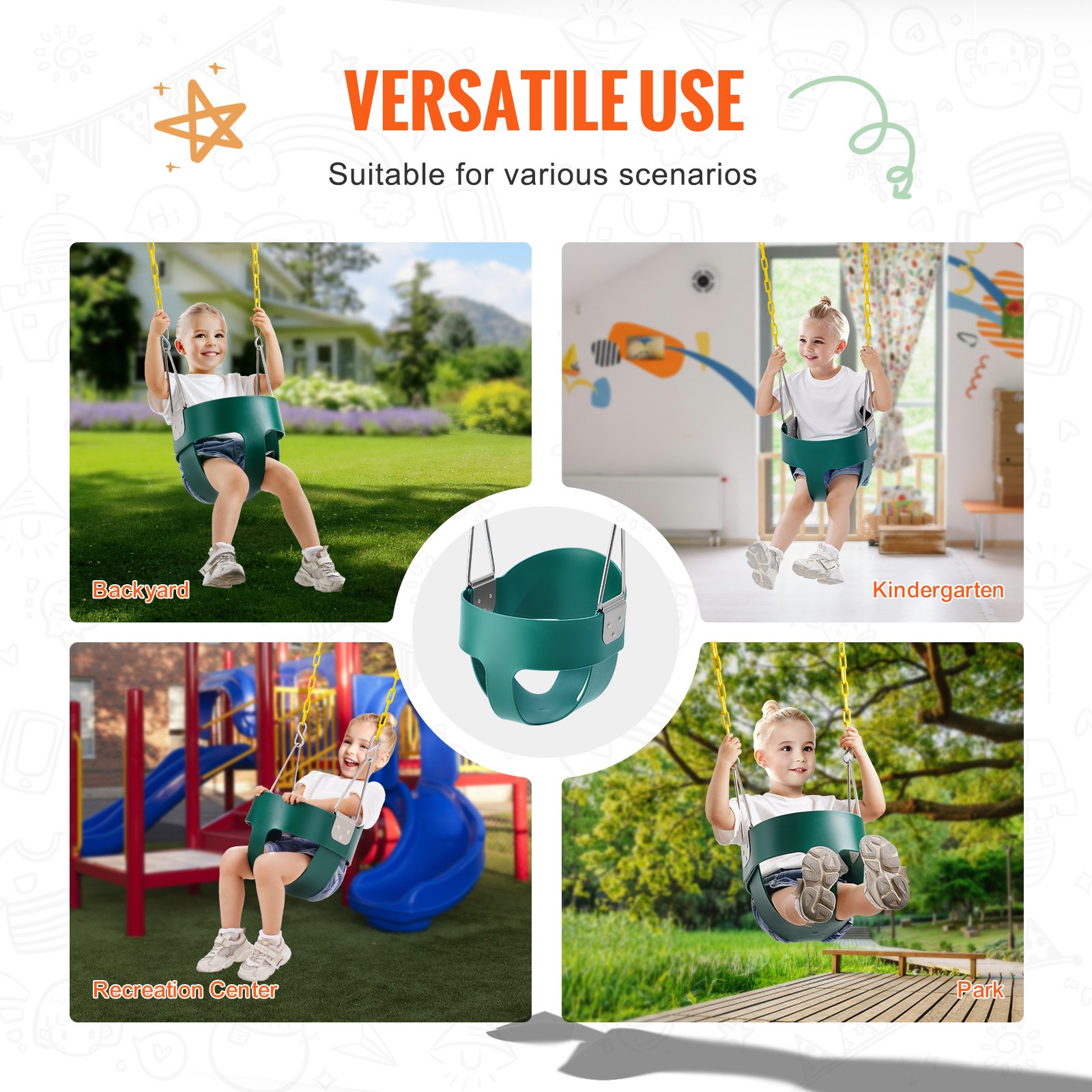 VEVOR Toddler Swing Seat, High Back Full Bucket Baby Swing Seat with Coated Chains and Carabiners, Support 150 lbs Baby Outdoor Swing, Fully Assembled Swing for Toddlers Age 3+, Indoor and Outdoor