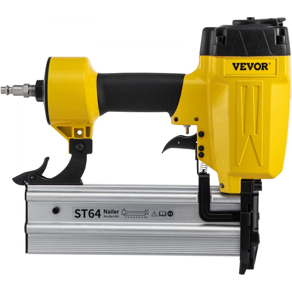 yellow and black VEVOR pneumatic concrete nailer st64 with rubber grip handle and silver base.