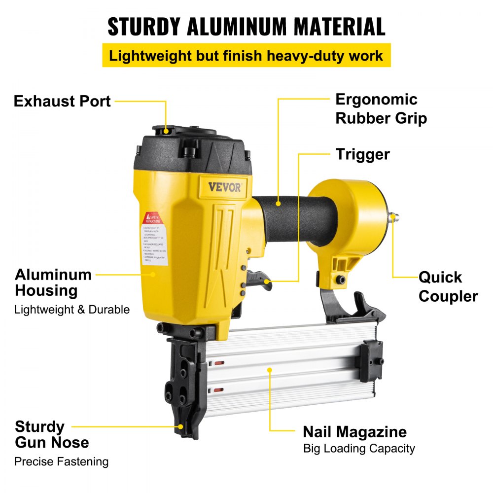 VEVOR Pneumatic Concrete Nailer, 14 Gauge 1 to 2-1/2 Inch Heavy Duty T Nail Gun with Ergonomic Handle, Framing Nailer Used in Woodworking, and Upholstery Carpentry , Yellow