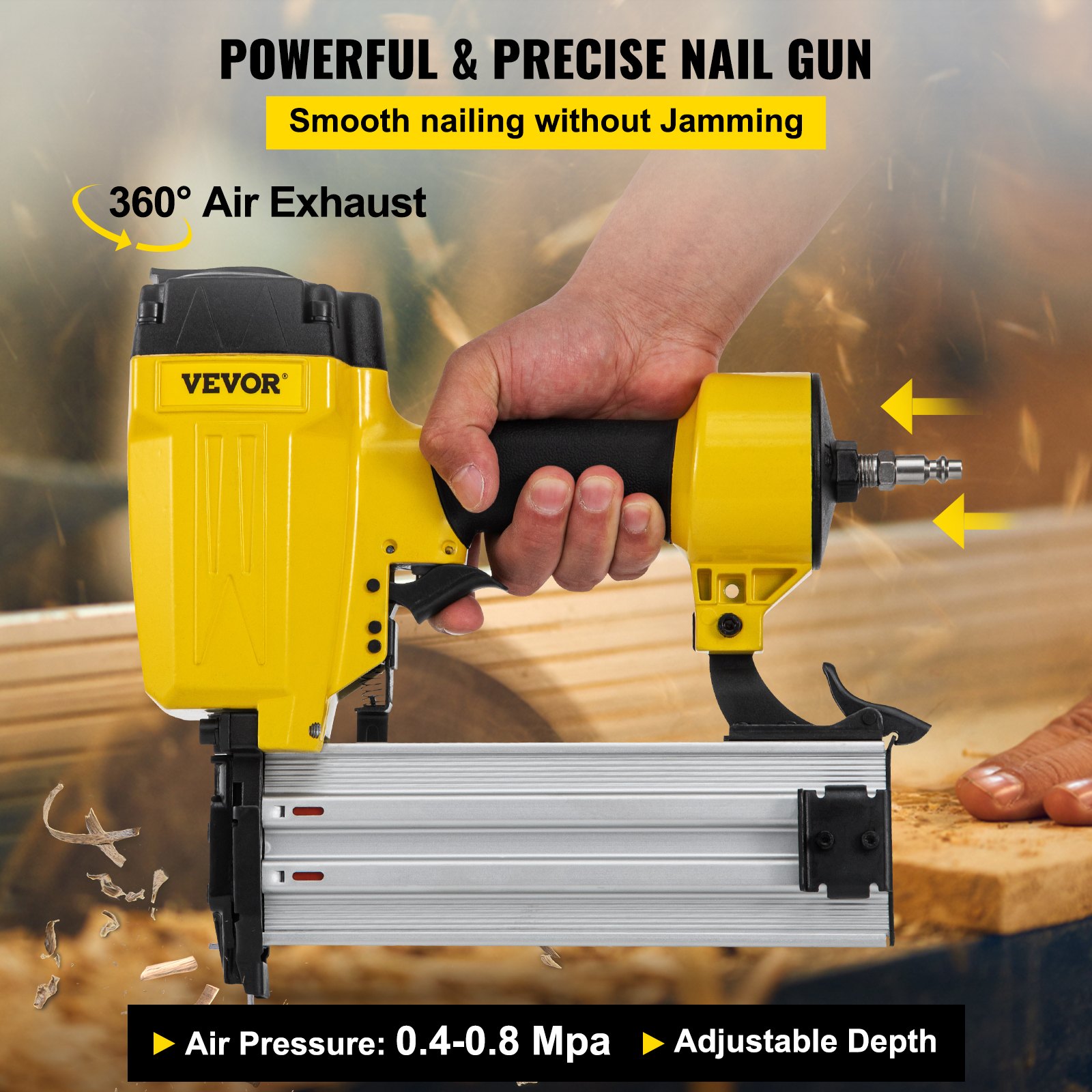 VEVOR pneumatic concrete nailer in hand, showcasing 360° air exhaust, air pressure, and adjustable depth.