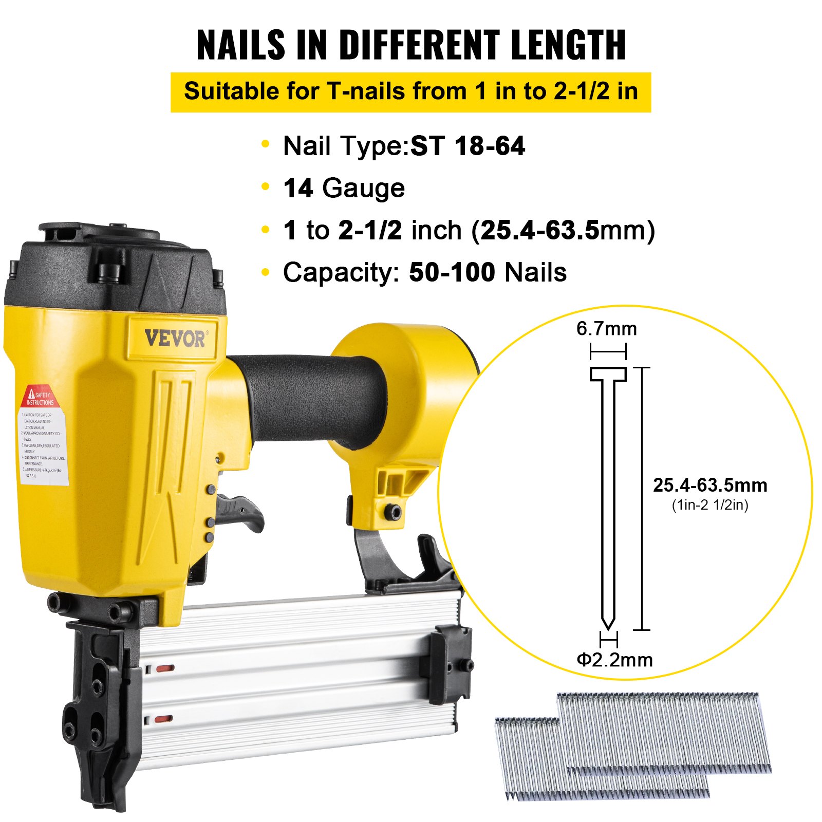 VEVOR pneumatic concrete nailer: st 18-64, 14 gauge, t-nails 1-2.5 inch, 50-100 nail capacity.