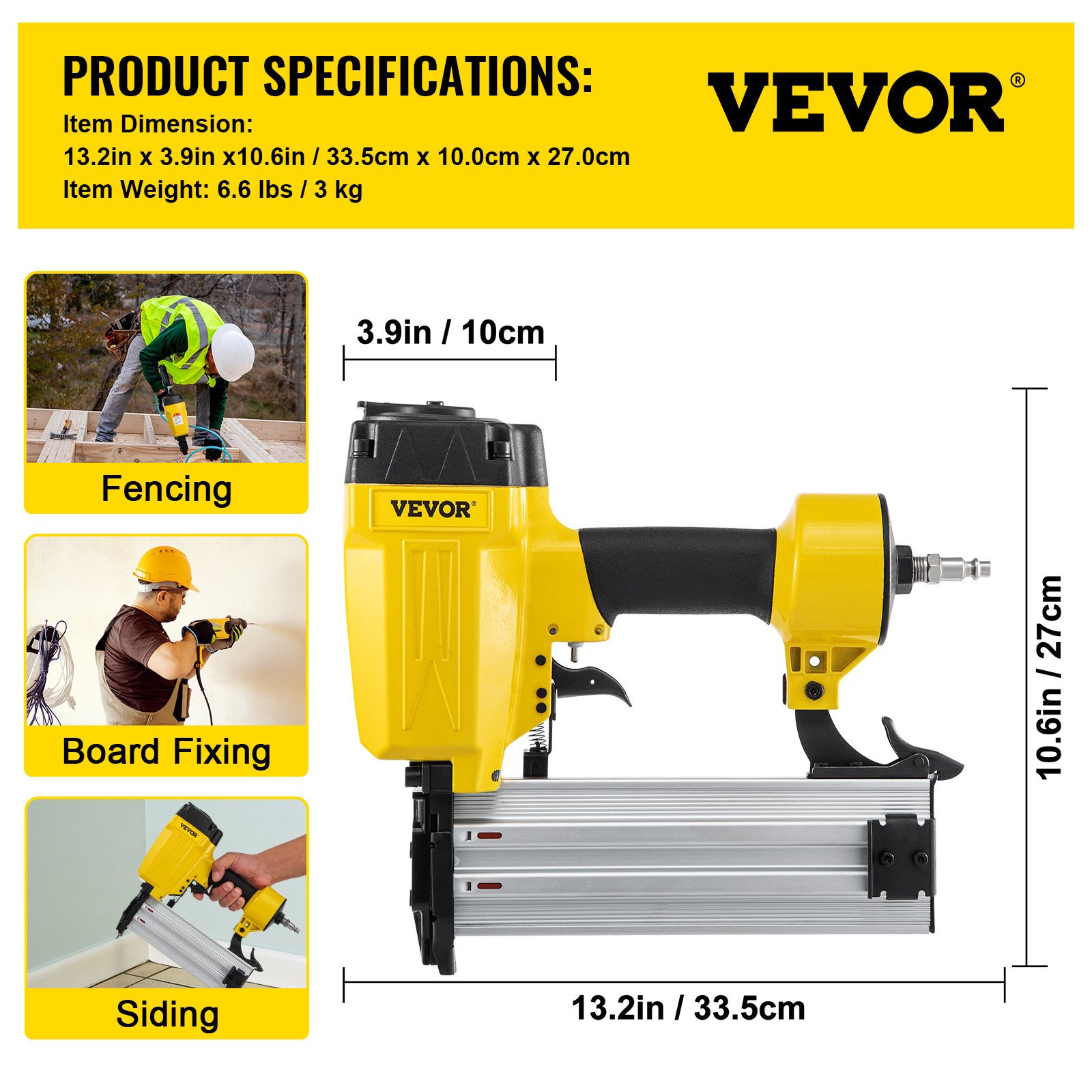VEVOR pneumatic concrete nailer dimensions: 13.2in x 3.9in x 10.6in. uses: fencing, board fixing, siding.