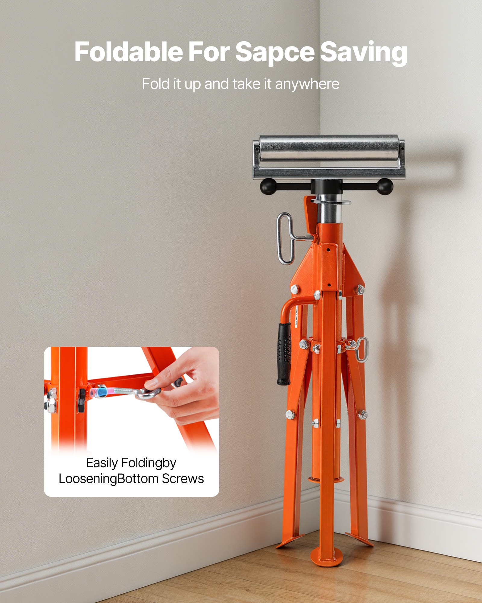 VEVOR Roller Stand, Heavy Duty 1134 kg Load Capacity, 700 mm-1320 mm Height Adjustable, 45# Steel Folding Roller Support Stand for Pipes, Wooden Boards