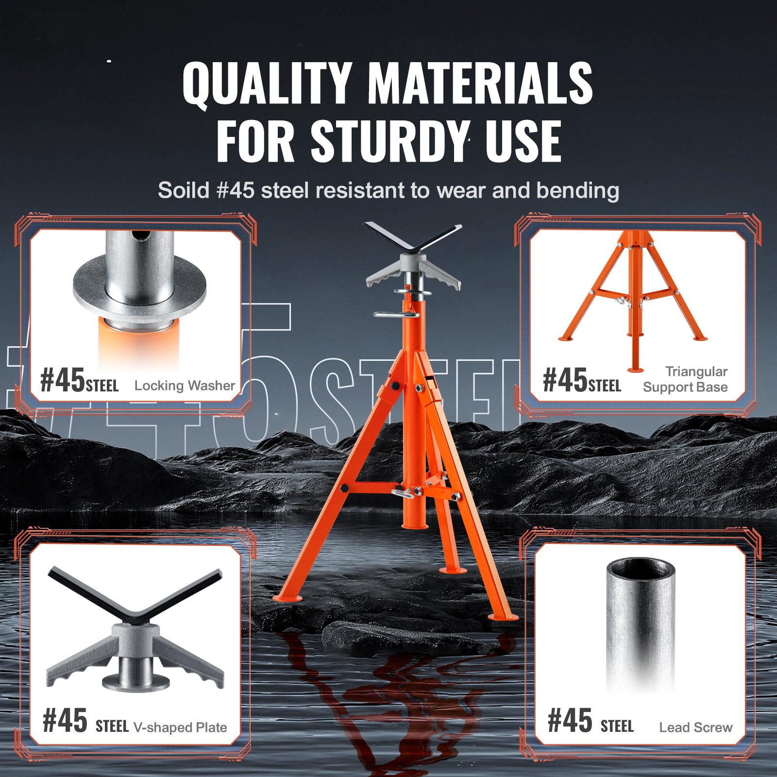 VEVOR Pipe Stand, 1133.9 kg Heavy Duty Pipe Jack Stands, 69.1-132.1 cm Height Adjustable V Head Pipe Stand, 45# Steel Folding Jack Stand for 1.3-30.5 cm Pipes