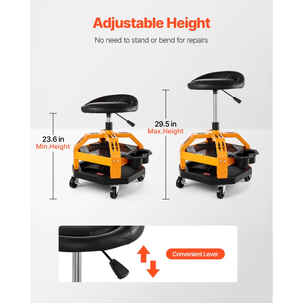VEVOR Rolling Shop Stool, Heavy-Duty Pneumatic Garage Seat with 136 kg Capacity, Adjustable Height Roller Creeper Seat, 360° Swivel Padded Workshop Stool with Casters, for Garage, Shop & Auto Repair