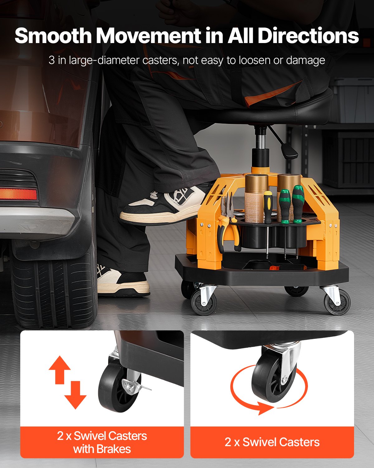 VEVOR Rolling Shop Stool, Heavy-Duty Pneumatic Garage Seat with 136 kg Capacity, Adjustable Height Roller Creeper Seat, 360° Swivel Padded Workshop Stool with Casters, for Garage, Shop & Auto Repair