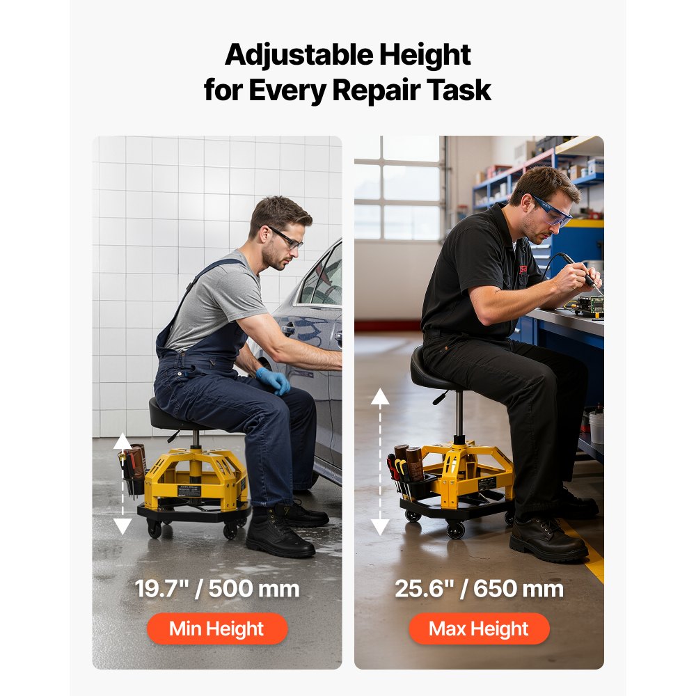 VEVOR Rolling Shop Stool with Wheels, 500-650 mm Adjustable Height, 360° Swivel, 150 kg Capacity, Garage Work Mechanic Stool with Backrest, Tool Tray Storage, Padded Seat Shop Chair, Black/Yellow