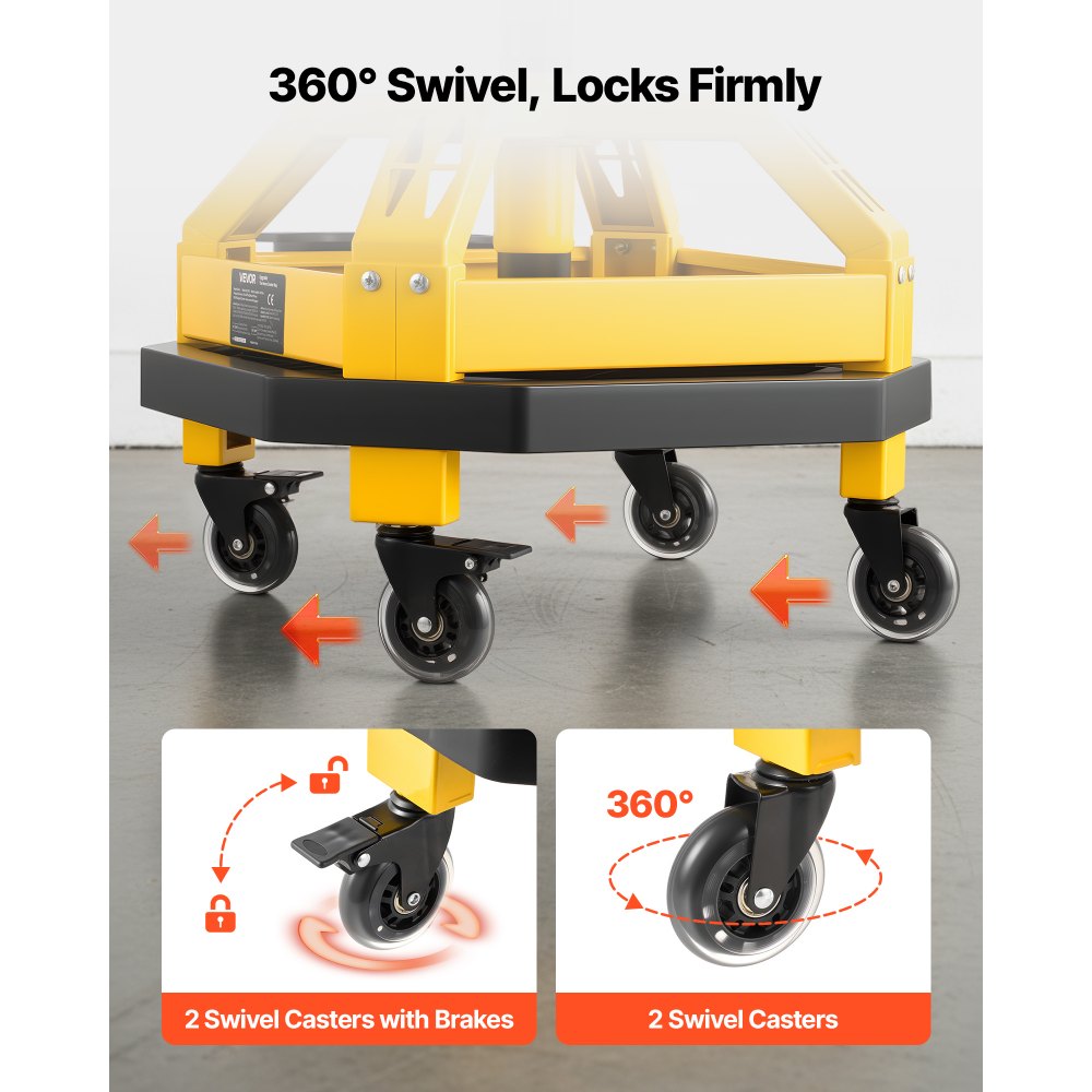 VEVOR Rolling Shop Stool with Wheels, 500-650 mm Adjustable Height, 360° Swivel, 150 kg Capacity, Garage Work Mechanic Stool with Backrest, Tool Tray Storage, Padded Seat Shop Chair, Black/Yellow