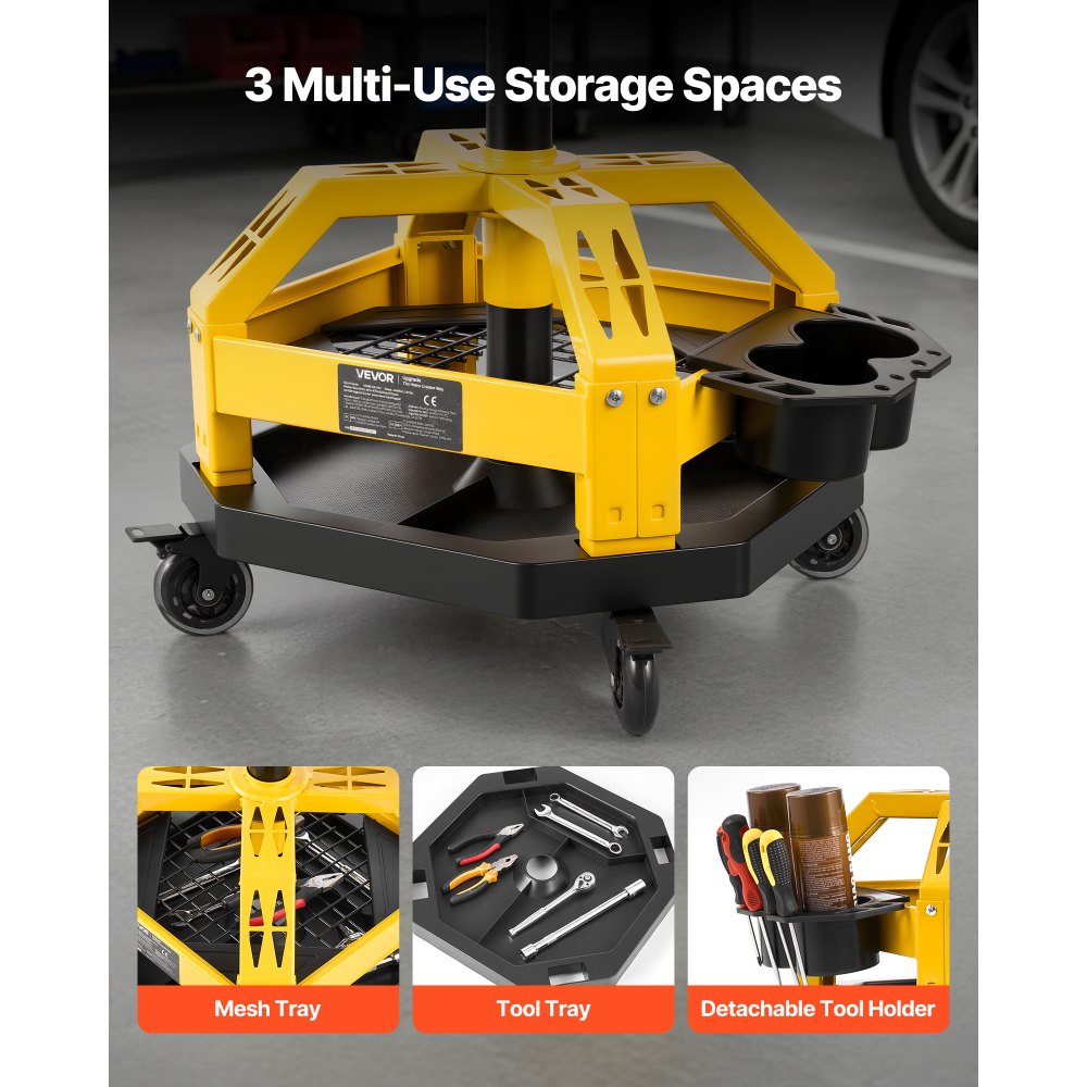 VEVOR Rolling Shop Stool with Wheels, 500-650 mm Adjustable Height, 360° Swivel, 150 kg Capacity, Garage Work Mechanic Stool with Backrest, Tool Tray Storage, Padded Seat Shop Chair, Black/Yellow