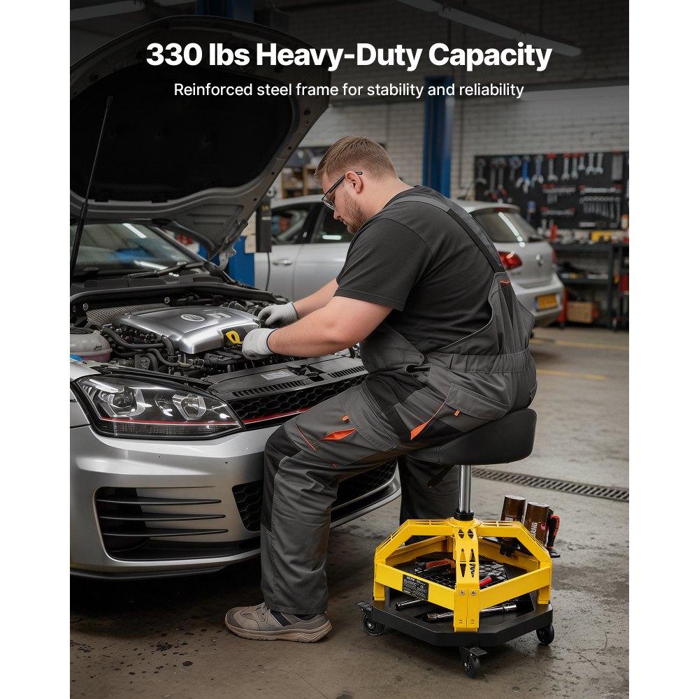 VEVOR Rolling Shop Stool with Wheels, 500-650 mm Adjustable Height, 360° Swivel, 150 kg Capacity, Garage Work Mechanic Stool with Backrest, Tool Tray Storage, Padded Seat Shop Chair, Black/Yellow