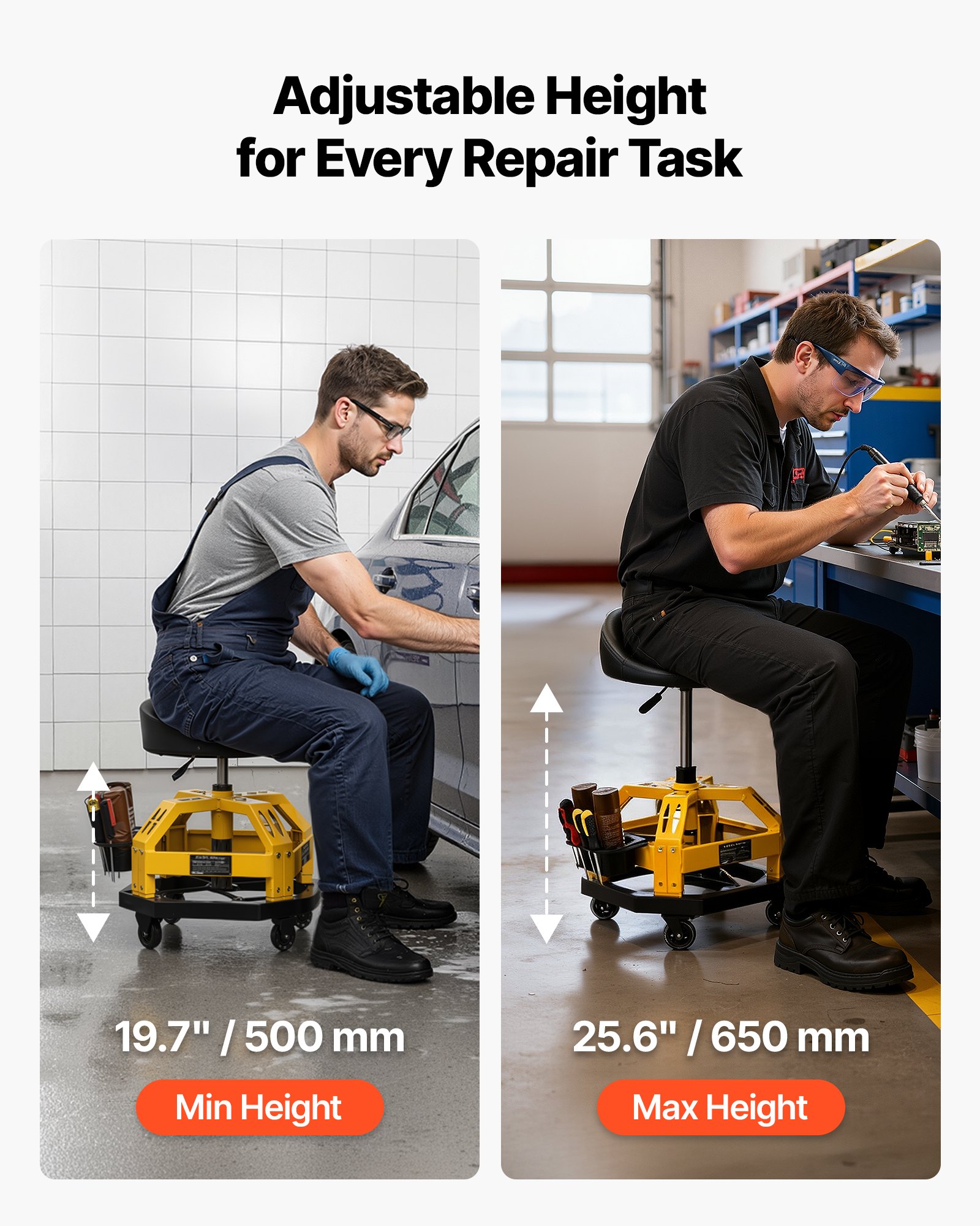 VEVOR Rolling Shop Stool with Wheels, 500-650 mm Adjustable Height, 360° Swivel, 150 kg Capacity, Garage Work Mechanic Stool with Backrest, Tool Tray Storage, Padded Seat Shop Chair, Black/Yellow