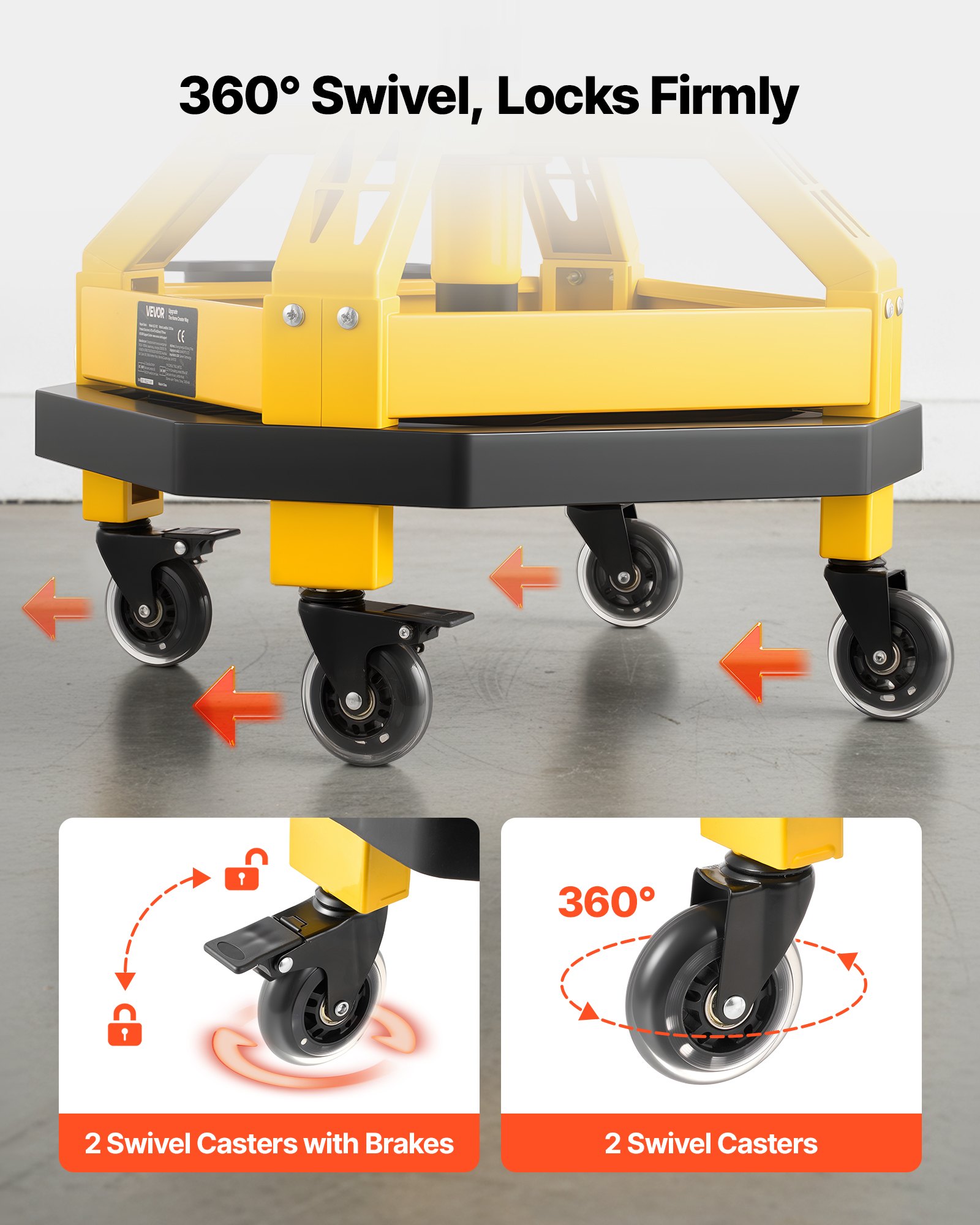 VEVOR Rolling Shop Stool with Wheels, 500-650 mm Adjustable Height, 360° Swivel, 150 kg Capacity, Garage Work Mechanic Stool with Backrest, Tool Tray Storage, Padded Seat Shop Chair, Black/Yellow