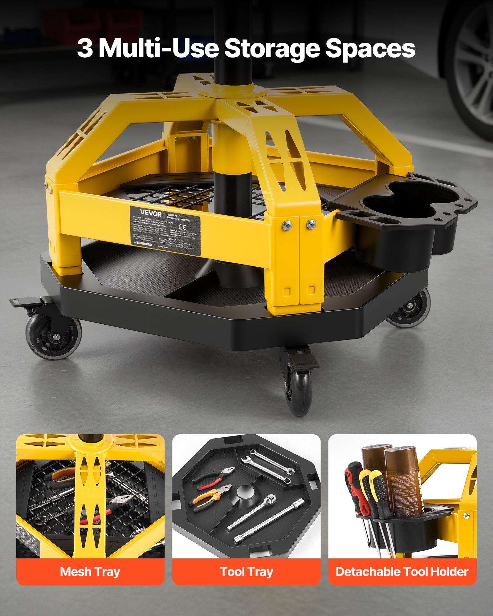 VEVOR Rolling Shop Stool with Wheels, 500-650 mm Adjustable Height, 360° Swivel, 150 kg Capacity, Garage Work Mechanic Stool with Backrest, Tool Tray Storage, Padded Seat Shop Chair, Black/Yellow