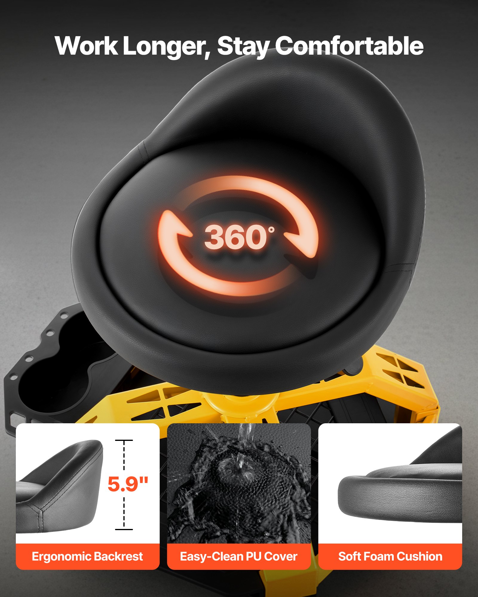 VEVOR Rolling Shop Stool with Wheels, 500-650 mm Adjustable Height, 360° Swivel, 150 kg Capacity, Garage Work Mechanic Stool with Backrest, Tool Tray Storage, Padded Seat Shop Chair, Black/Yellow