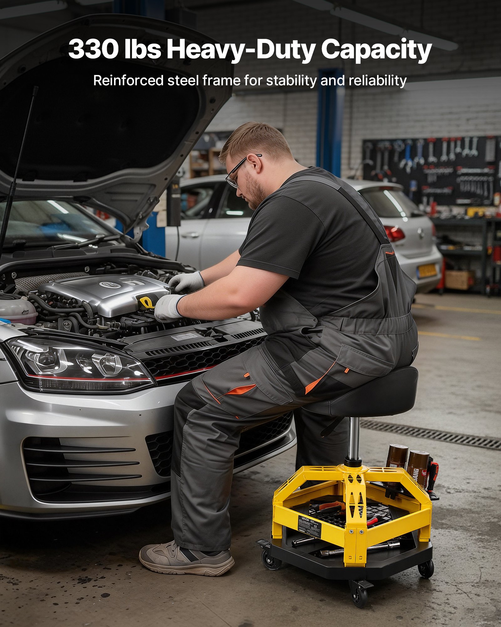 VEVOR Rolling Shop Stool with Wheels, 500-650 mm Adjustable Height, 360° Swivel, 150 kg Capacity, Garage Work Mechanic Stool with Backrest, Tool Tray Storage, Padded Seat Shop Chair, Black/Yellow