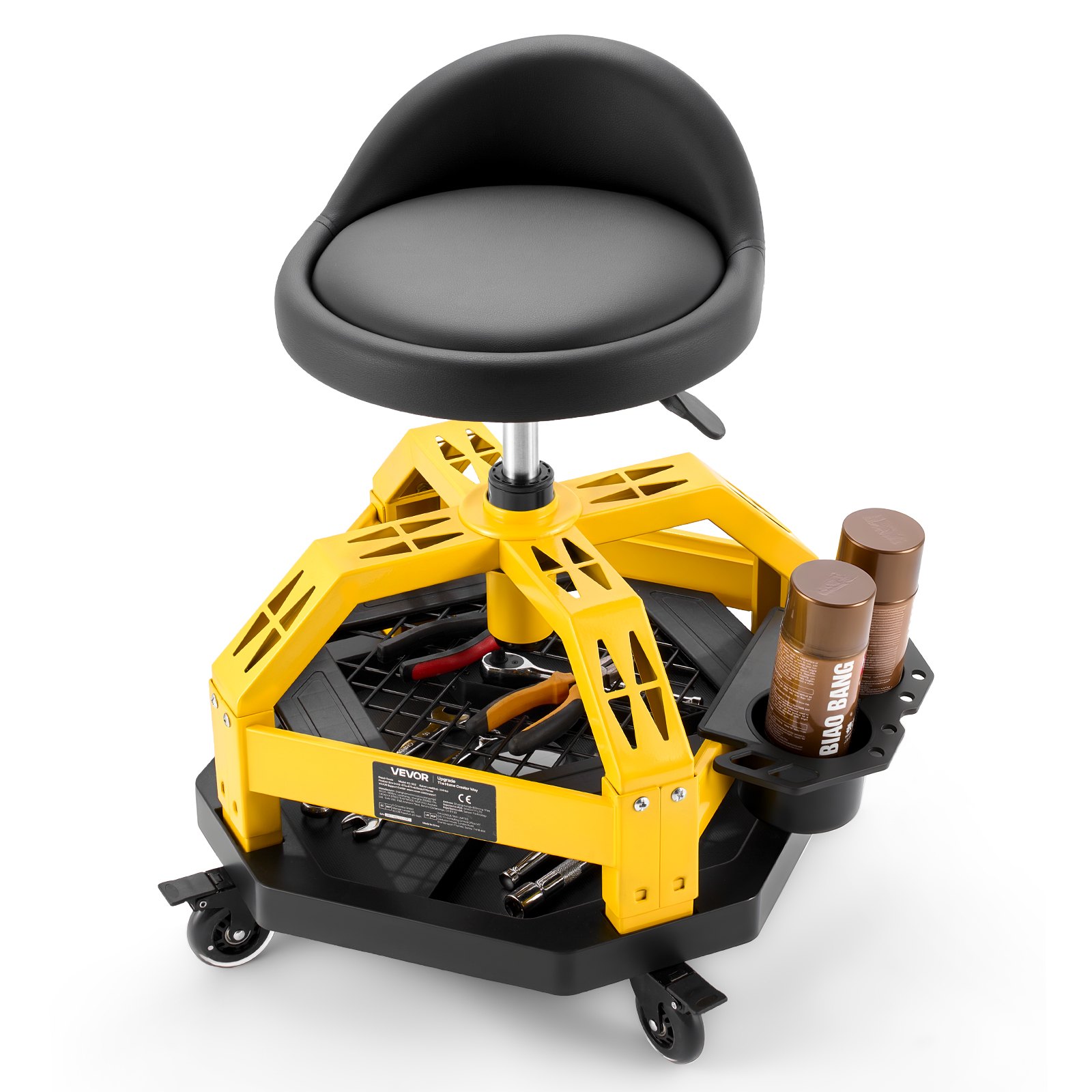 VEVOR Rolling Shop Stool with Wheels, 500-650 mm Adjustable Height, 360° Swivel, 150 kg Capacity, Garage Work Mechanic Stool with Backrest, Tool Tray Storage, Padded Seat Shop Chair, Black/Yellow