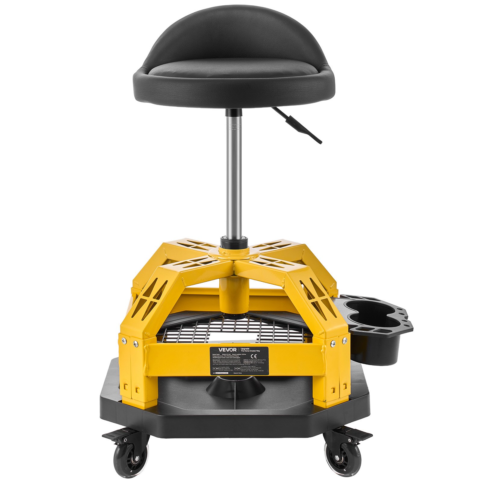 VEVOR Rolling Shop Stool with Wheels, 500-650 mm Adjustable Height, 360° Swivel, 150 kg Capacity, Garage Work Mechanic Stool with Backrest, Tool Tray Storage, Padded Seat Shop Chair, Black/Yellow
