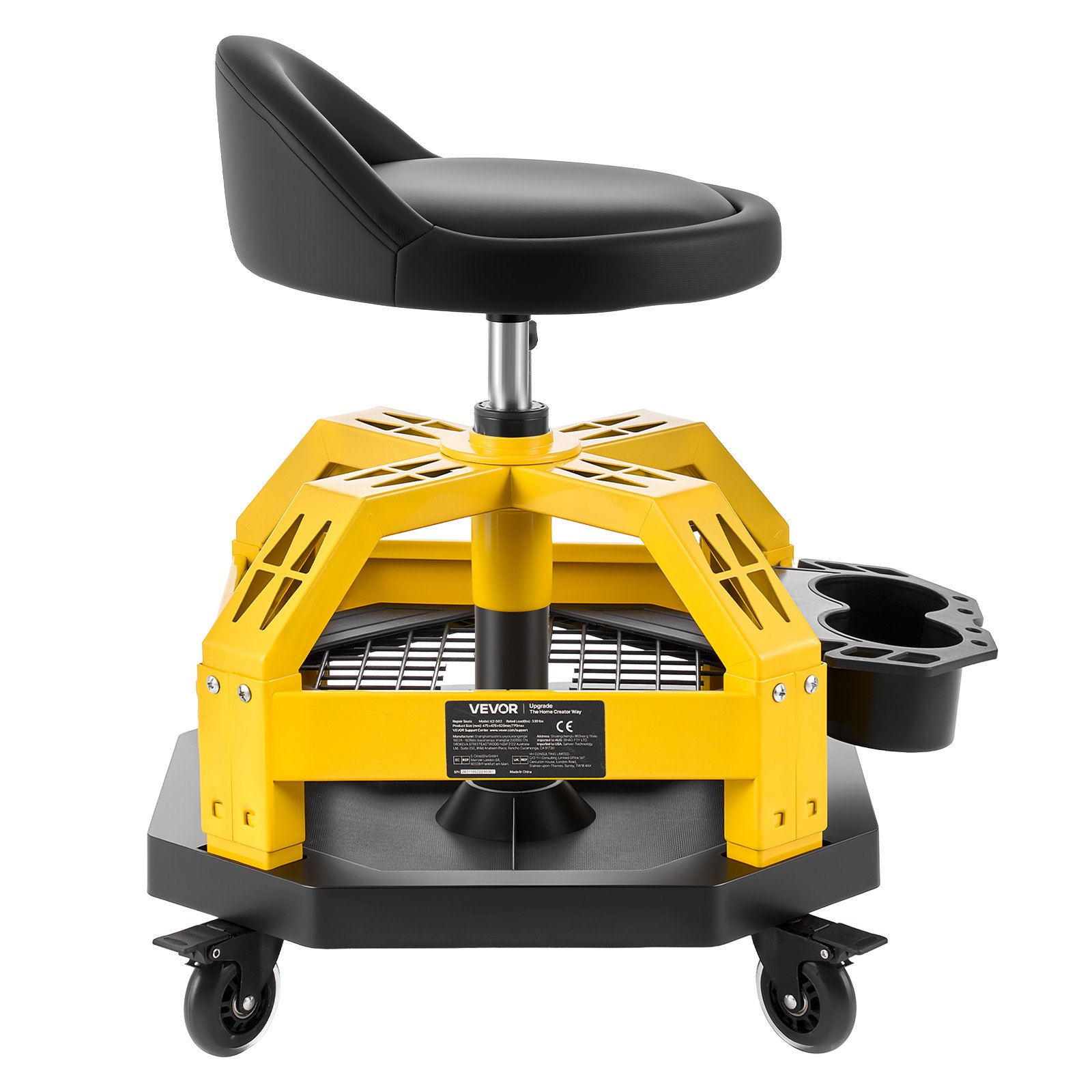 VEVOR Rolling Shop Stool with Wheels, 500-650 mm Adjustable Height, 360° Swivel, 150 kg Capacity, Garage Work Mechanic Stool with Backrest, Tool Tray Storage, Padded Seat Shop Chair, Black/Yellow