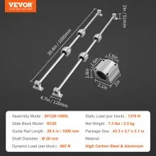 VEVOR Linear Guide Rail Set, SFC20 1000mm, 2 PCS 39.4 in/1000 mm SFC20 Guide Rails 4 PCS SC20 Slide Blocks 4 PCS Rail Supports, Linear Rails and Bearings Kit for Automated Machines CNC DIY Project