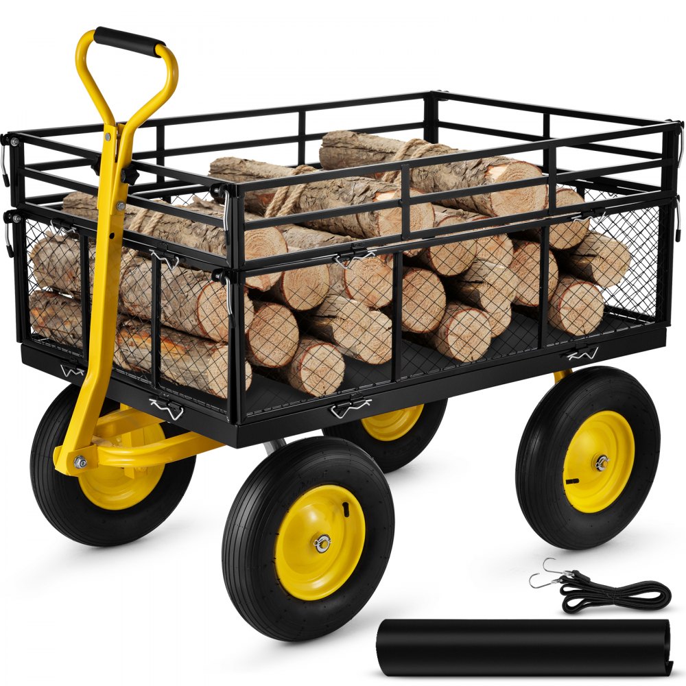 Oceľový záhradný vozík VEVOR s nosnosťou 1 400 libier, s odnímateľnými sieťovými stranami na premenu na valník, úžitkový kovový vozík s rukoväťou 2 v 1 a 15-palcovými pneumatikami, ideálny pre záhradu, farmu, dvor