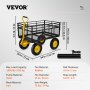 VEVOR steel garden cart with yellow handle and wheels, dimensions and specifications displayed.