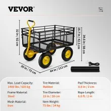 VEVOR Steel Garden Cart, Heavy Duty 1400 lbs Capacity, with Removable Mesh Sides to Convert into Flatbed, Utility Metal Wagon with 2-in-1 Handle and 15 in Tires, Perfect for Garden, Farm, Yard