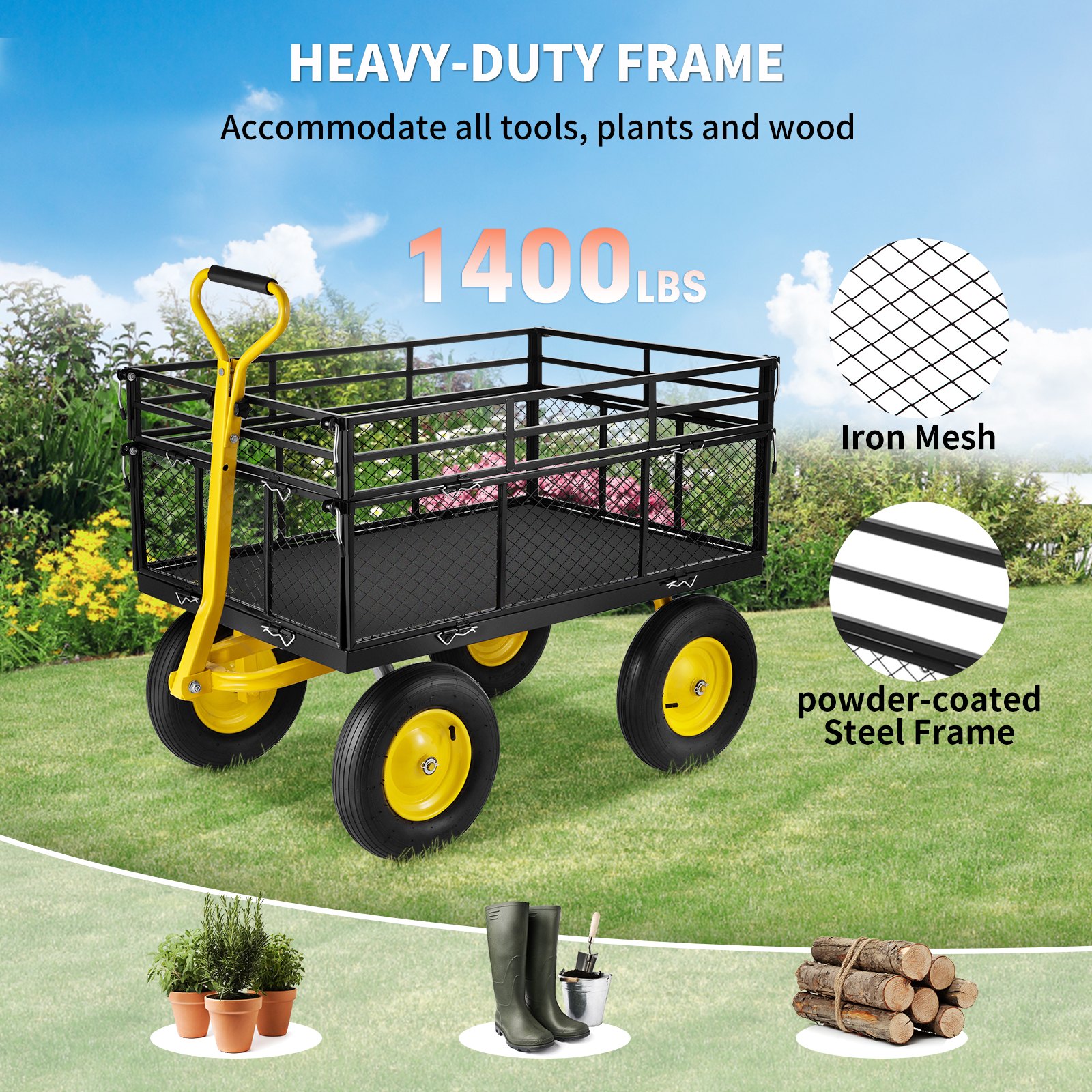 VEVOR steel garden cart with heavy-duty iron mesh, powder-coated frame, and yellow wheels.