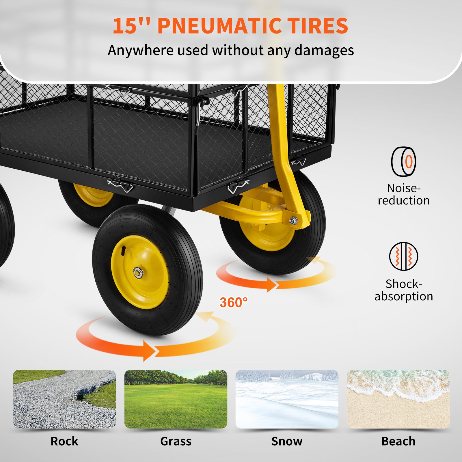 VEVOR steel garden cart features 15&quot; pneumatic tires, suitable for rock, grass, snow, and beach terrains.