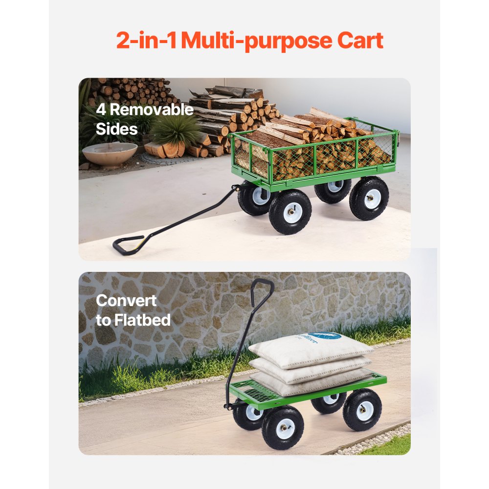 VEVOR 308 kg Steel Garden Cart on Wheels, Heavy Duty Garden Wagon Cart Pullable, Metal Outdoor Utility Yard Wagon Carts with 254mm Tires, Mesh Removable Sides and 180°Rotating Handle