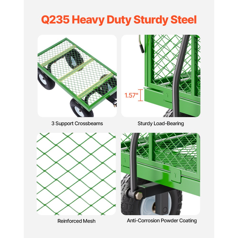 VEVOR 308 kg Steel Garden Cart on Wheels, Heavy Duty Garden Wagon Cart Pullable, Metal Outdoor Utility Yard Wagon Carts with 254mm Tires, Mesh Removable Sides and 180°Rotating Handle