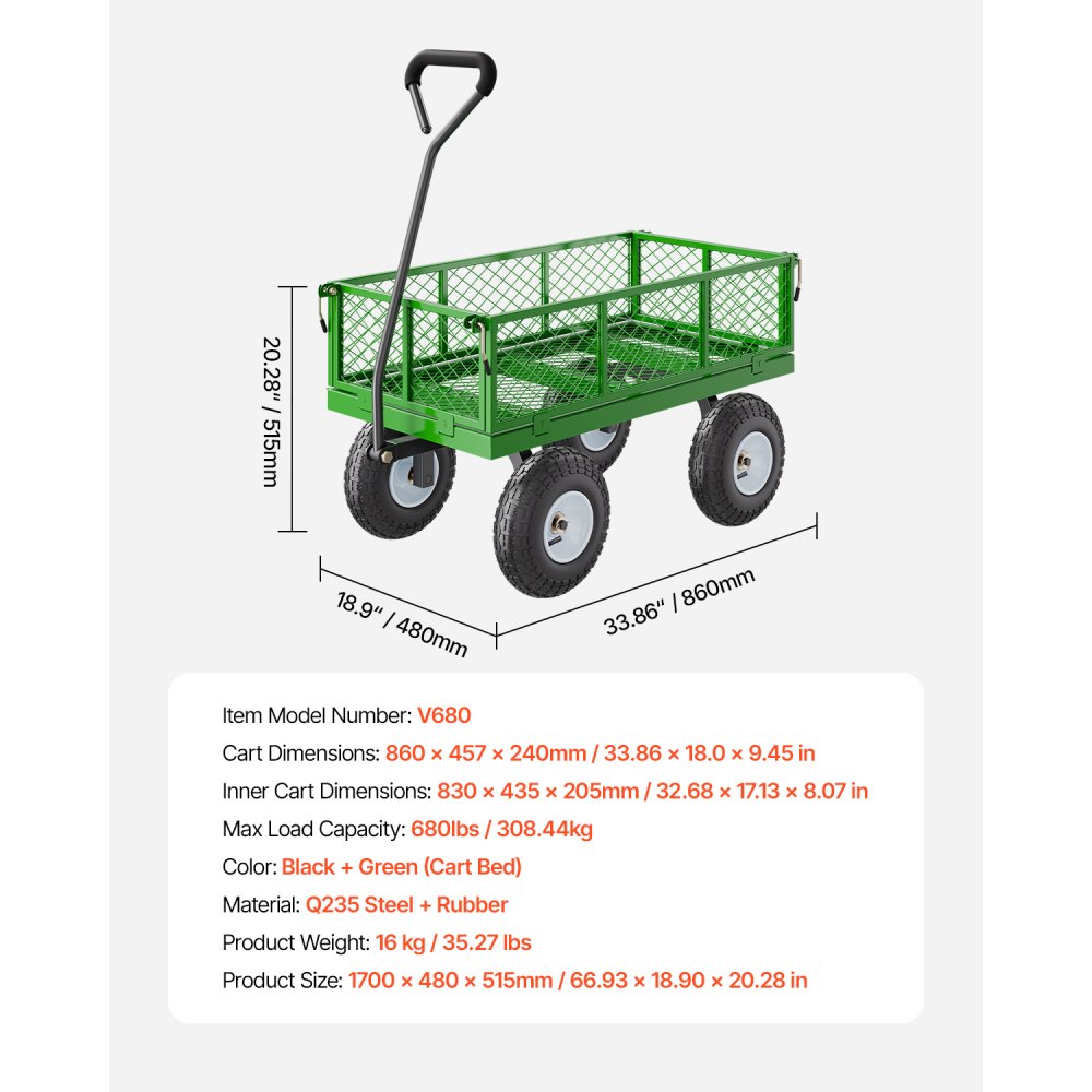 VEVOR 308 kg Steel Garden Cart on Wheels, Heavy Duty Garden Wagon Cart Pullable, Metal Outdoor Utility Yard Wagon Carts with 254mm Tires, Mesh Removable Sides and 180°Rotating Handle