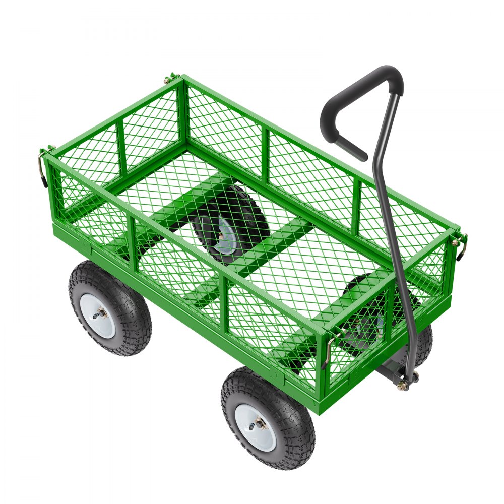 VEVOR 308 kg Steel Garden Cart on Wheels, Heavy Duty Garden Wagon Cart Pullable, Metal Outdoor Utility Yard Wagon Carts with 254mm Tires, Mesh Removable Sides and 180°Rotating Handle
