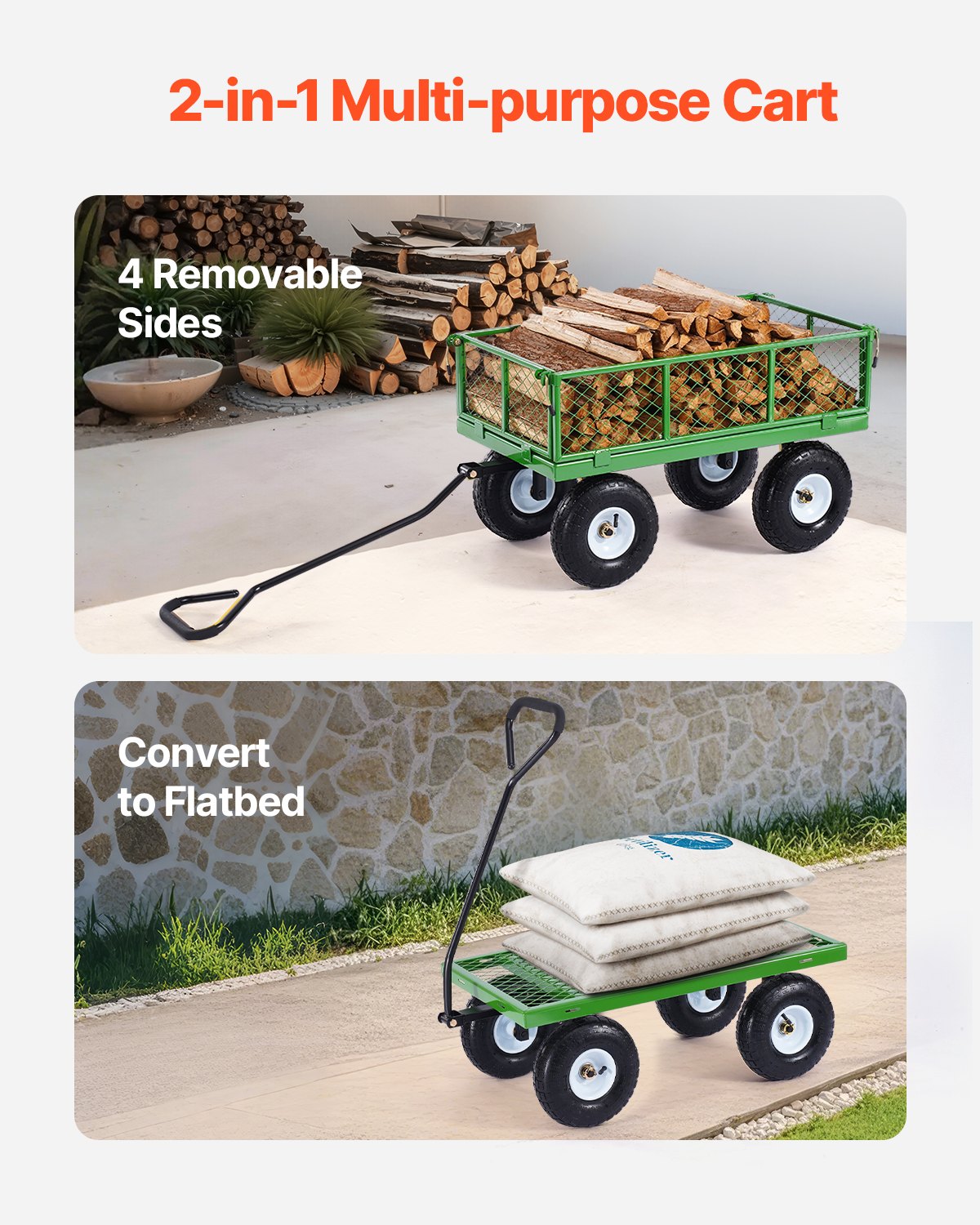 VEVOR 308 kg Steel Garden Cart on Wheels, Heavy Duty Garden Wagon Cart Pullable, Metal Outdoor Utility Yard Wagon Carts with 254mm Tires, Mesh Removable Sides and 180°Rotating Handle