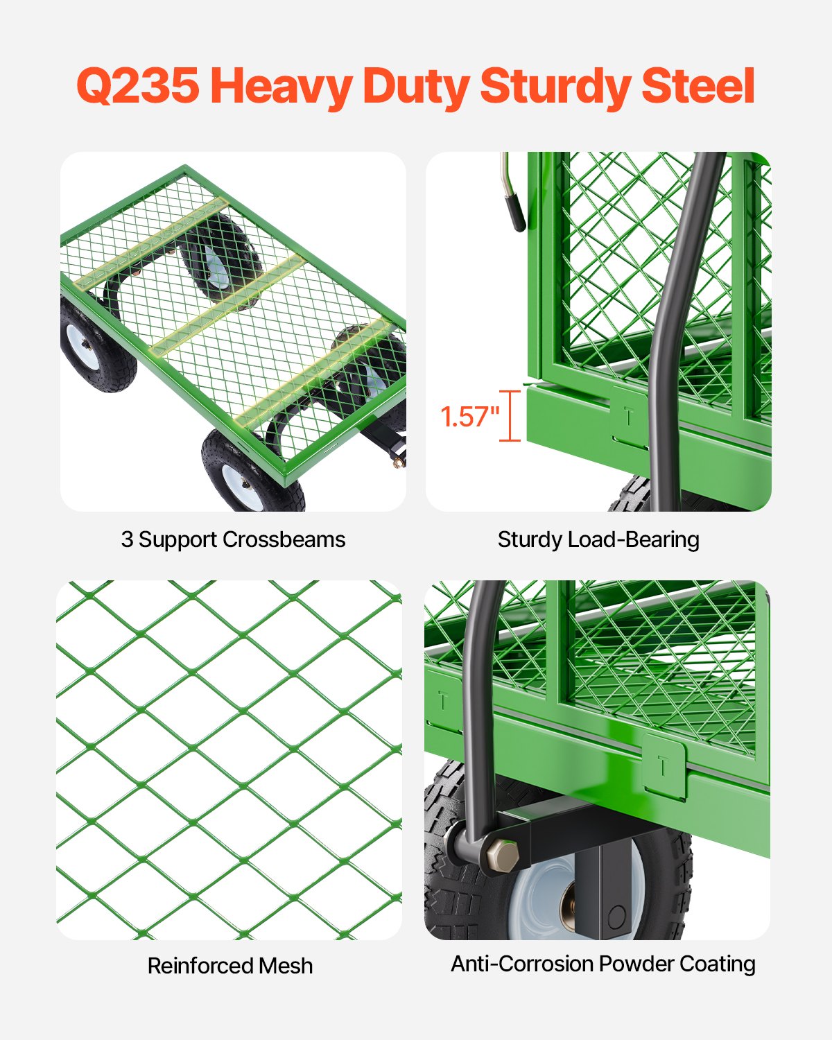 VEVOR 308 kg Steel Garden Cart on Wheels, Heavy Duty Garden Wagon Cart Pullable, Metal Outdoor Utility Yard Wagon Carts with 254mm Tires, Mesh Removable Sides and 180°Rotating Handle