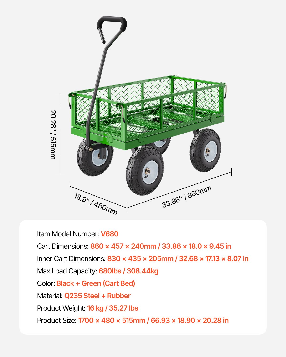 VEVOR 308 kg Steel Garden Cart on Wheels, Heavy Duty Garden Wagon Cart Pullable, Metal Outdoor Utility Yard Wagon Carts with 254mm Tires, Mesh Removable Sides and 180°Rotating Handle