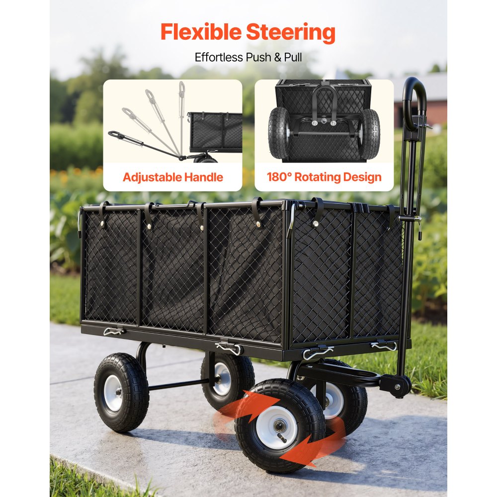 VEVOR Garden Cart, 544.3 kg, Heavy Duty Steel Hand Trolley, Yard Utility Wagon Outdoor Transport Cart with 10-Inch Tires, Adjustable Handle, Detachable Side Panels, Attach to ATV or Tractor, Black