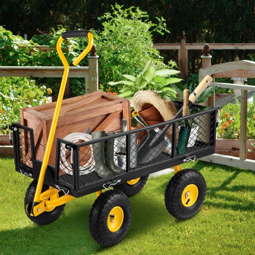 VEVOR Steel Garden Cart, Heavy Duty 500 lbs Capacity, with Removable Mesh Sides to Convert into Flatbed, Utility Metal Wagon with 180° Rotating Handle and 10 in Tires, Perfect for Garden, Farm, Yard
