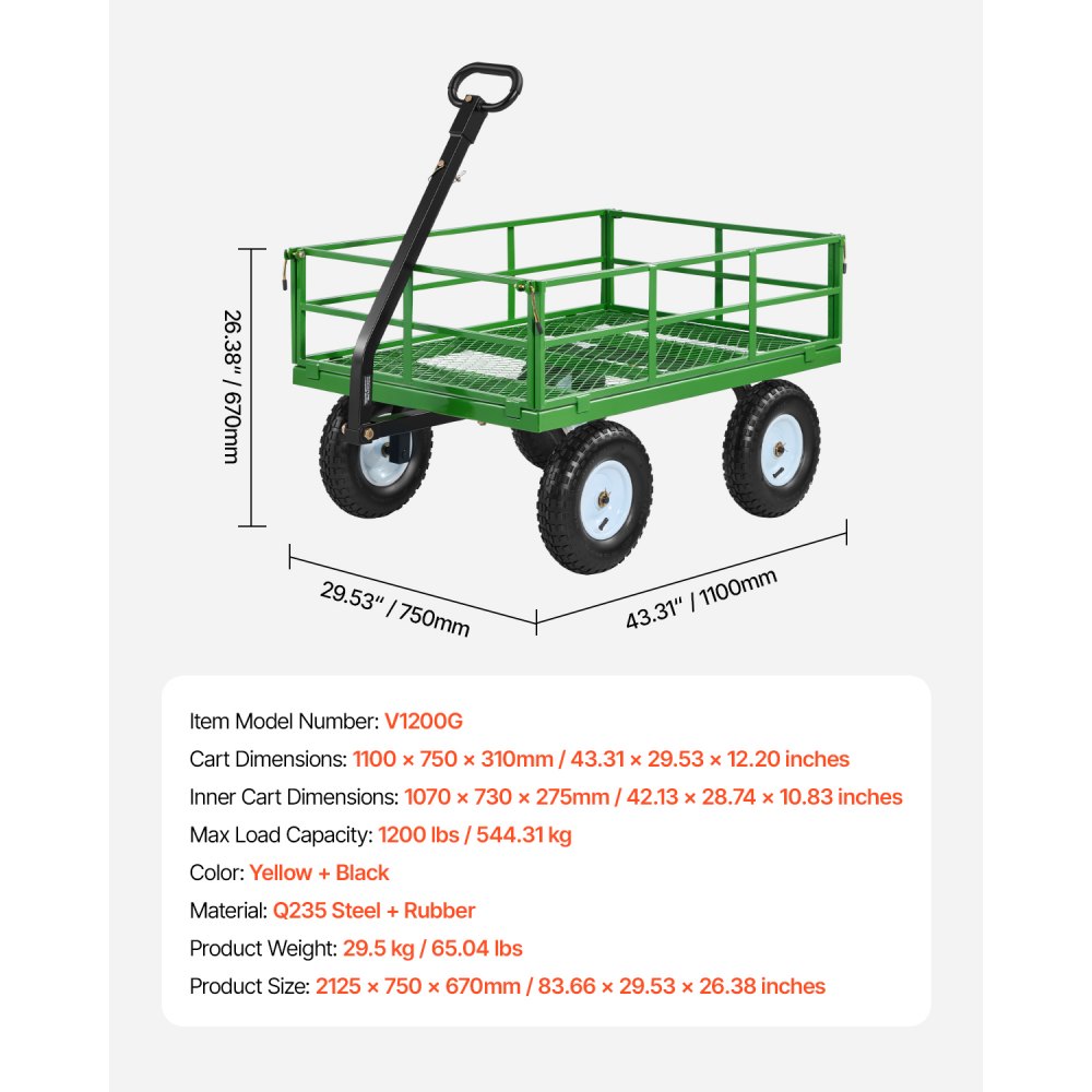 VEVOR Steel Garden Cart, 544 kg Heavy Duty Pullable Garden Wagon Yard Cart, 2 in 1 Outdoor Metal Utility Wagon Yard Trailer with 330 mm All Terrain Tires, Mesh Detachable Sides & 180° Rotating Handle