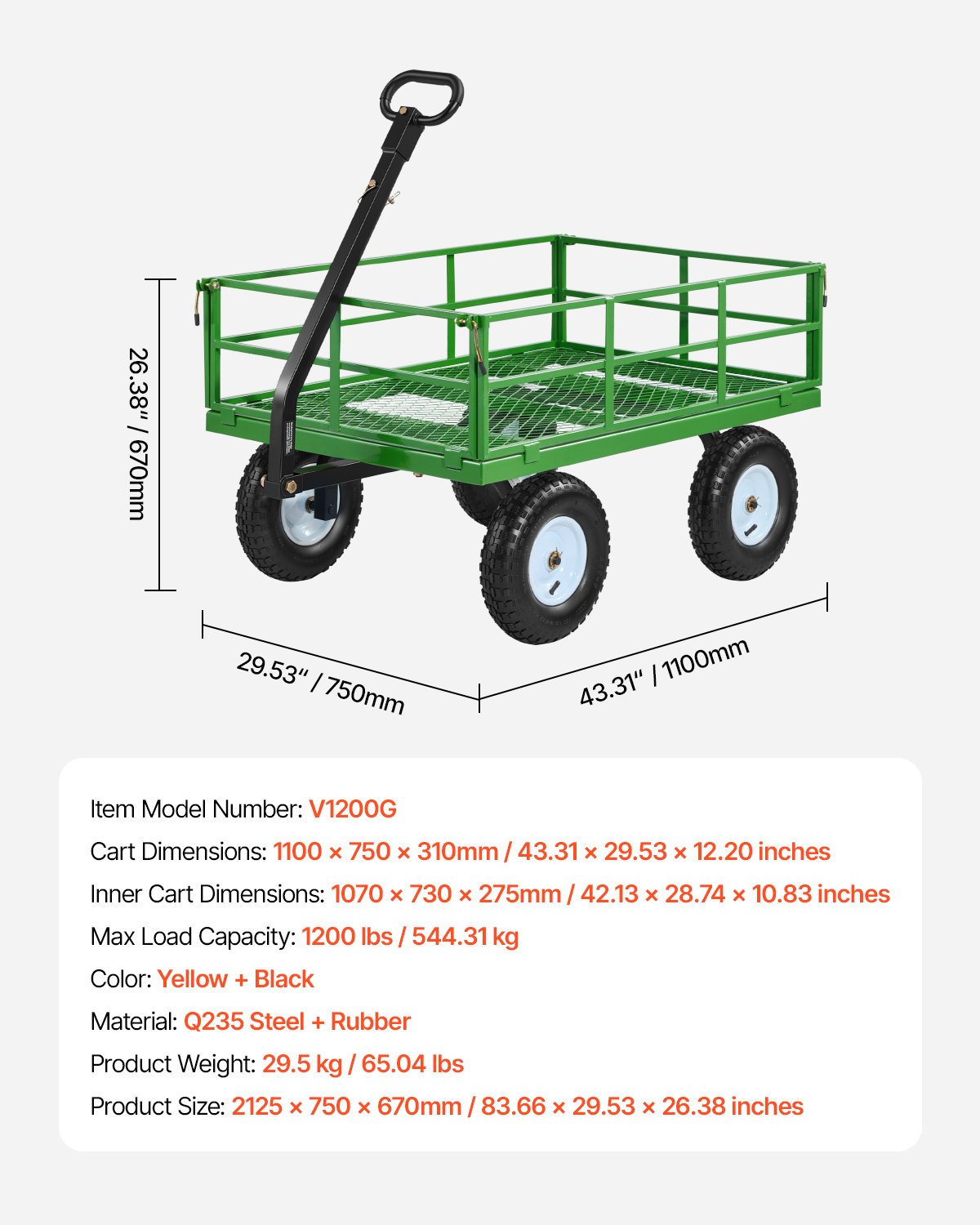 VEVOR Steel Garden Cart, 544 kg Heavy Duty Pullable Garden Wagon Yard Cart, 2 in 1 Outdoor Metal Utility Wagon Yard Trailer with 330 mm All Terrain Tires, Mesh Detachable Sides & 180° Rotating Handle