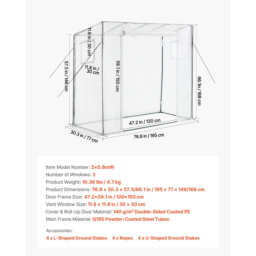 VEVOR Walk-in Greenhouse, 195 x 77 x 168 cm Greenhouse for Outdoors with Windows, Durable PE Cover, Roll-Up Zipper Door, Walk in Green House Kit, Portable Plant Garden Hot House for Backyard, Outside