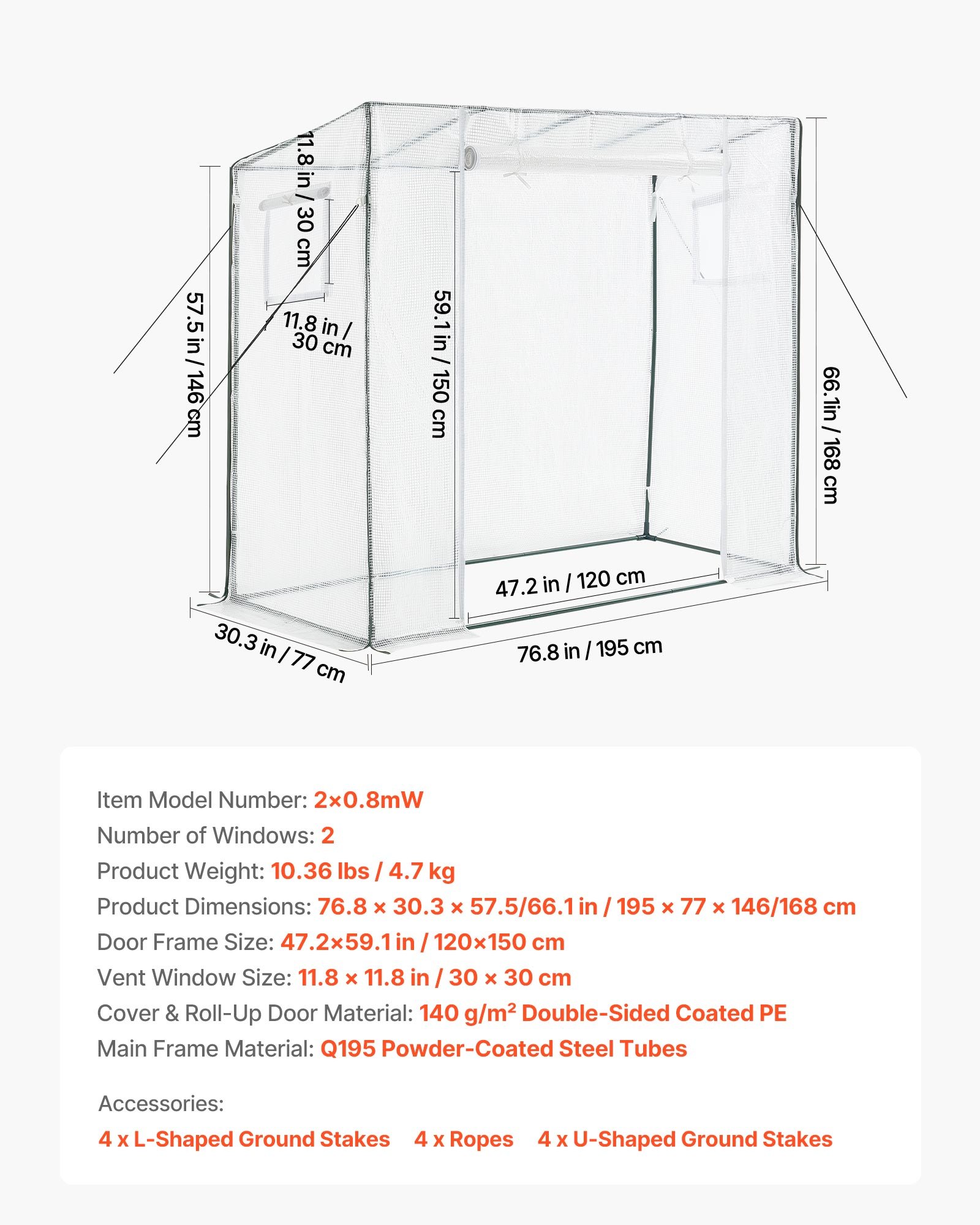 VEVOR Walk-in Greenhouse, 195 x 77 x 168 cm Greenhouse for Outdoors with Windows, Durable PE Cover, Roll-Up Zipper Door, Walk in Green House Kit, Portable Plant Garden Hot House for Backyard, Outside
