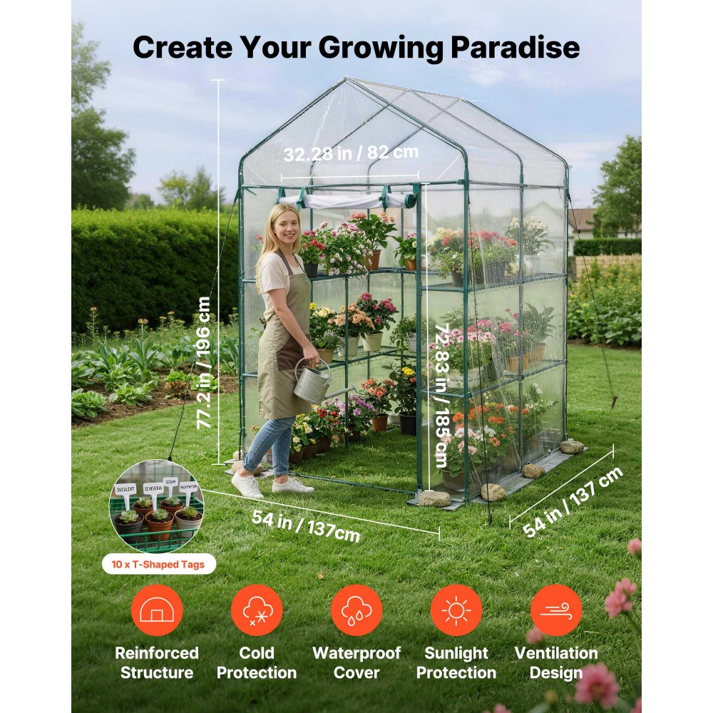 VEVOR Walk-in Greenhouse, 137 x 137 x 196 cm Greenhouse for Outdoors with PVC Cover, 2 Tiers 10 Shelves, Roll-Up Zipper Door, Walk in Green House, Portable Plant Garden Hot House for Backyard Outside