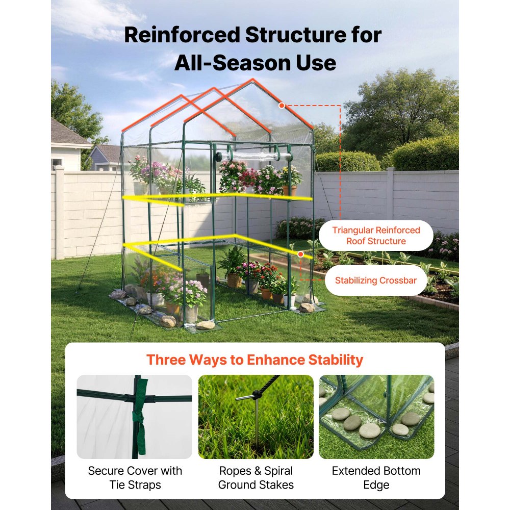 VEVOR Walk-in Greenhouse, 137 x 137 x 196 cm Greenhouse for Outdoors with PVC Cover, 2 Tiers 10 Shelves, Roll-Up Zipper Door, Walk in Green House, Portable Plant Garden Hot House for Backyard Outside