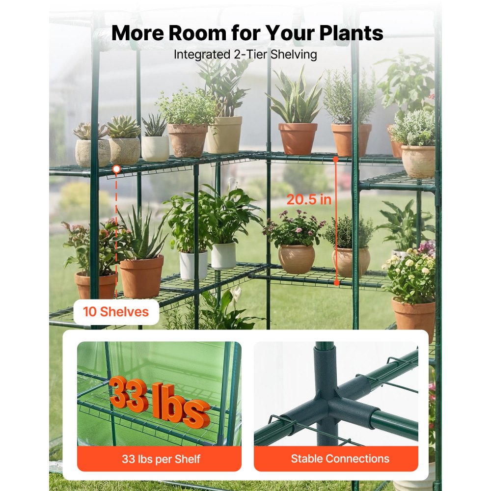VEVOR Walk-in Greenhouse, 137 x 137 x 196 cm Greenhouse for Outdoors with PVC Cover, 2 Tiers 10 Shelves, Roll-Up Zipper Door, Walk in Green House, Portable Plant Garden Hot House for Backyard Outside