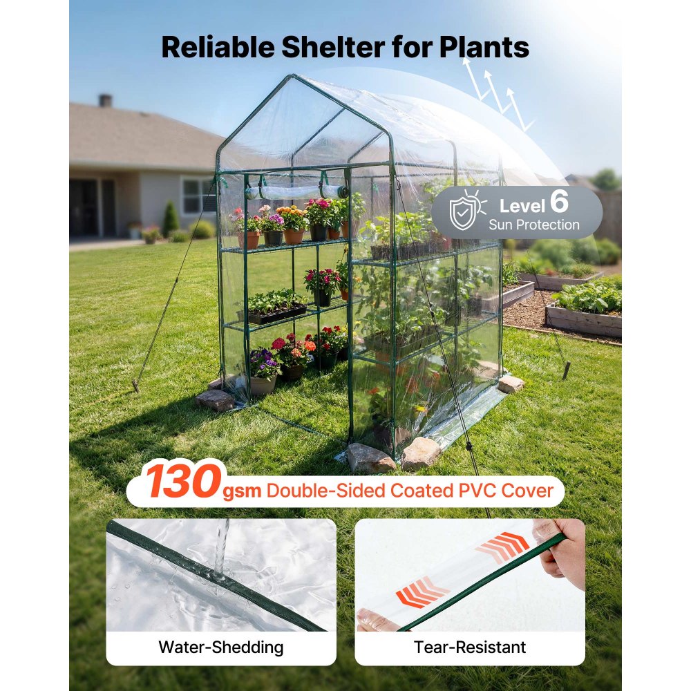 VEVOR Walk-in Greenhouse, 137 x 137 x 196 cm Greenhouse for Outdoors with PVC Cover, 2 Tiers 10 Shelves, Roll-Up Zipper Door, Walk in Green House, Portable Plant Garden Hot House for Backyard Outside