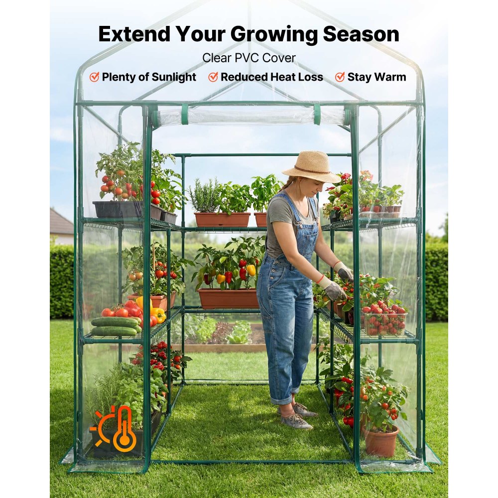 VEVOR Walk-in Greenhouse, 137 x 137 x 196 cm Greenhouse for Outdoors with PVC Cover, 2 Tiers 10 Shelves, Roll-Up Zipper Door, Walk in Green House, Portable Plant Garden Hot House for Backyard Outside
